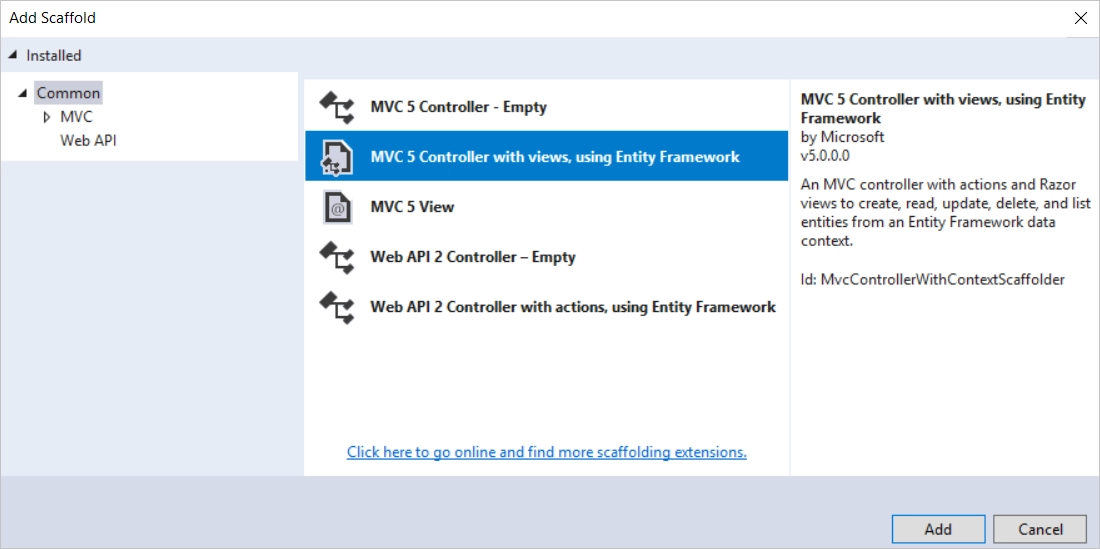 how to add entity framework in visual studio 2019 asp.net mvc