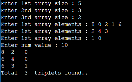 three arrays such that a + b + c = sum ...