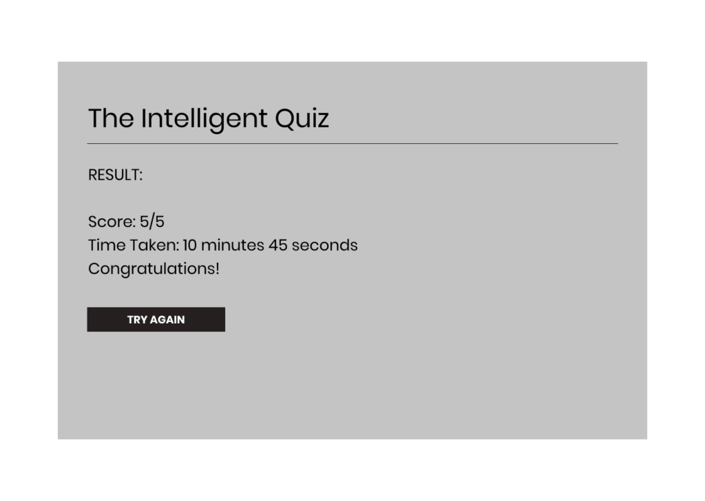 Wireframe for JavaScript Quiz Format 3: Result Page